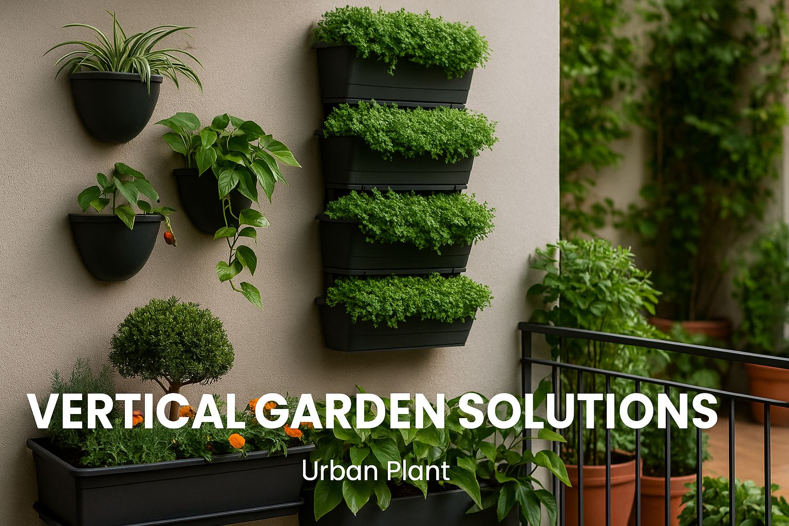 A vertical garden solution on an urban balcony featuring tiered wall-mounted planters, cascading herbs, and compact greenery arranged efficiently – Urban Plant.